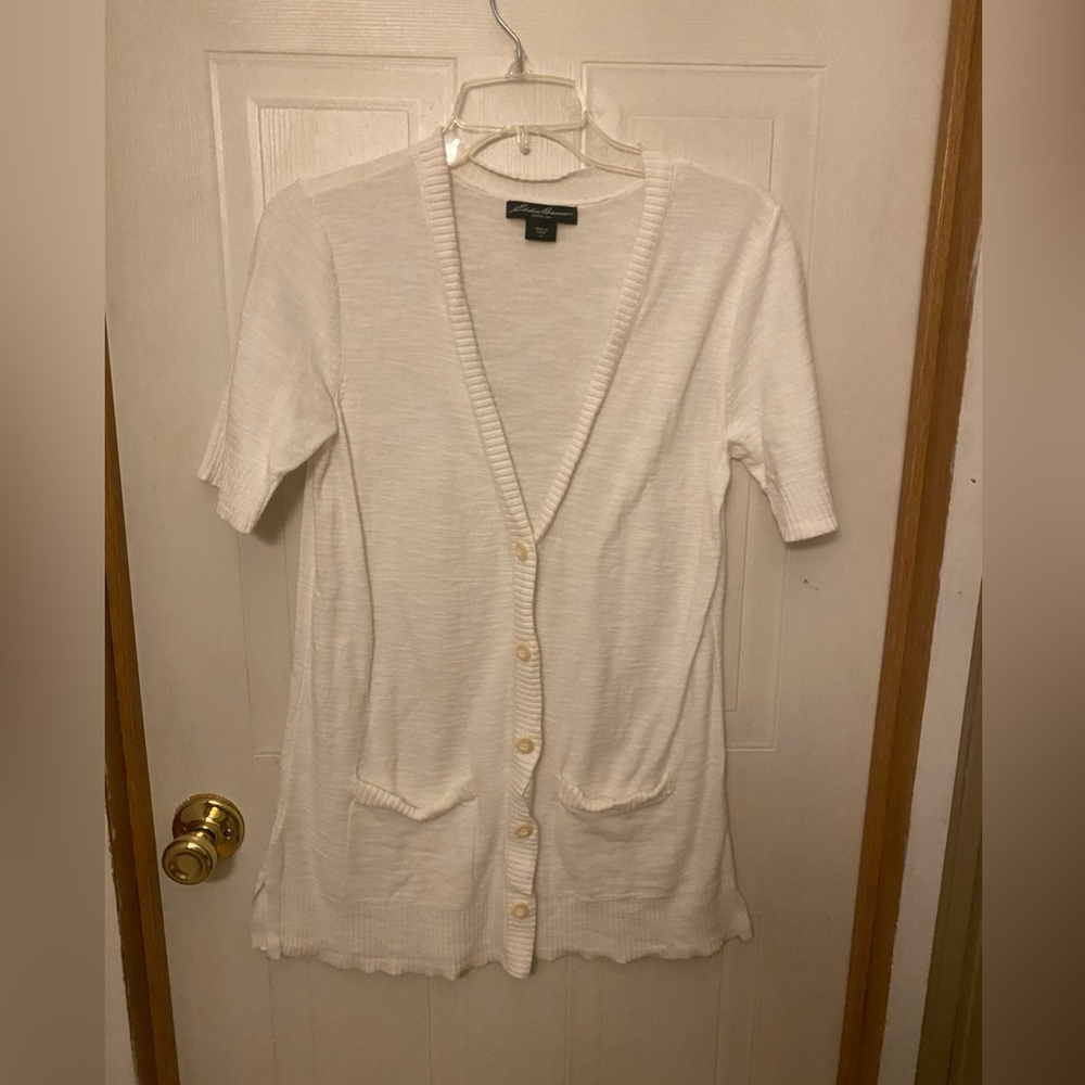 Eddie Bauer Cream Short-Sleeve Gauze Button Front Cardigan